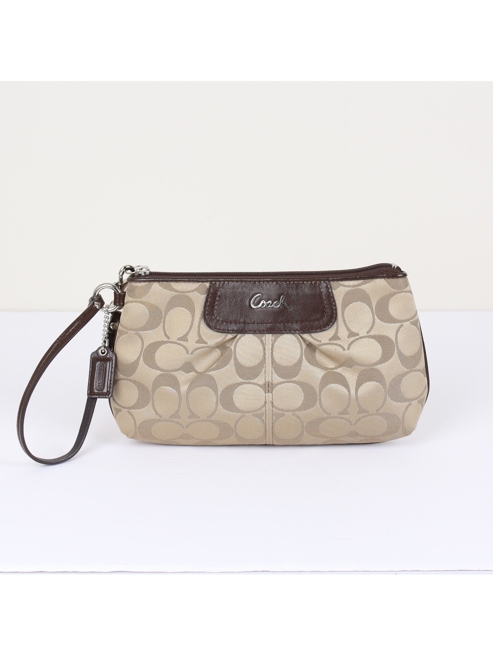 Coach Ashley Signature Sateen Wristlet Khaki Beige Brown Leather Trim